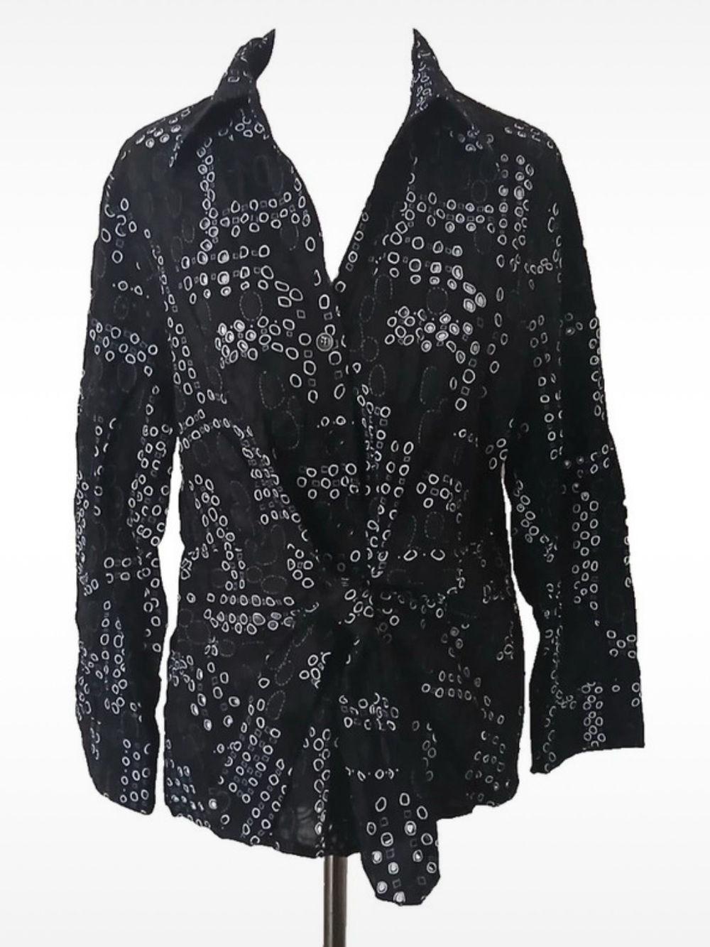 RAFAEL Black 100% Cotton Eyelet Cutout Tie-Front Blouse L